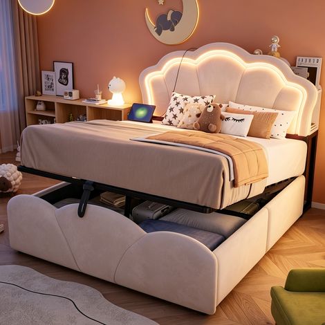 Lit coffre double rembourré 140x200 cm avec rangement hydraulique, LED, prises intégrées, tête de lit design floral avec rangements, velours,beige