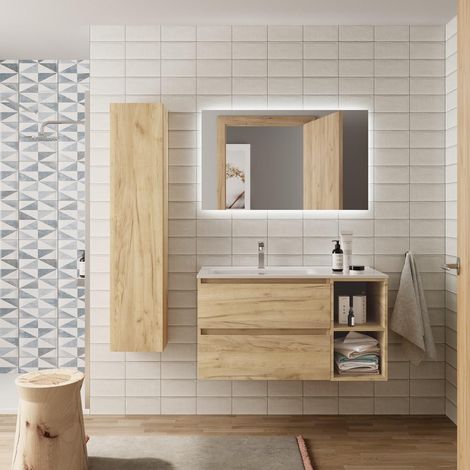 Meuble de salle de bain BEQUIA Plus 100cm Chêne Vasque Porcelaine Robinet à gauche (1/5)