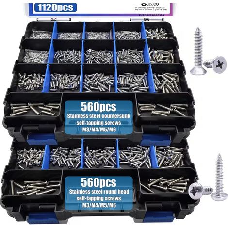 Coffret de 1120 vis autotaraudeuses en inox 304 A2-70, assortiment M3 M4 M5 M6, vis à tête fraisée et tête ronde cruciforme pour bois, plastique et métal (1/4)