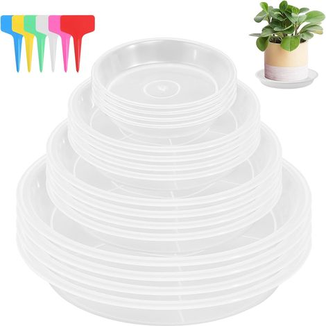 16 x Plastic Flower Pot Saucer Flower Pot Saucers with 18 Labels Under Round Coasters for Indoor and Outdoor Plants (Transparent) (1/5)