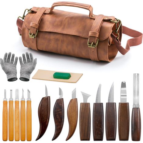 Wood Carving Kit-17pcs, Wood Carving Tool Kit with Leather Case, Wood Carving Knife Set, DIY Wood Carving Knife Kit for Beginners and Professionals (1/5)