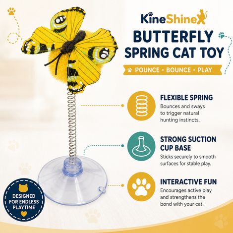 KineShineX Katzenspielzeug Schmetterling mit Federmechanismus und starkem Saugnapf – flexibel schwingend, stabil und unterhaltsam (1/5)