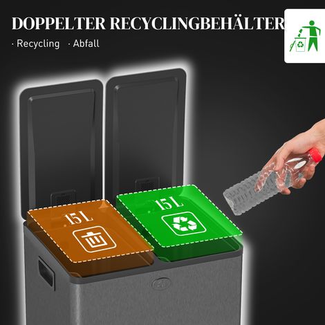 Poubelle double 15 L avec pédale, facile à nettoyer, en acier inoxydable et plastique, noir (1/4)