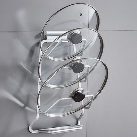 Topfdeckelhalter, bohrfrei, zur Wandmontage, platzsparend, aus Aluminium, handpoliert, rostbeständig, für die Küche, 3-lagig (1/5)