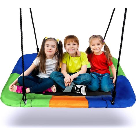Balançoire Nid d'Oiseau Extérieur pour Enfant, Grande Balançoire Rectangulaire 115 x 75 CM, Charge Max 150KG, Siège Balançoire Coloré avec Deux Sangles à Suspendre Grand Espace