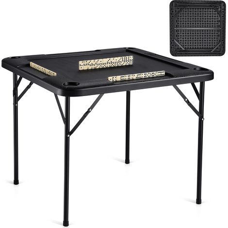 VEVOR Mesa Mahjong, Mesa de Cartas Plegable Cuadrada para 4 Jugadores con 4 Portavasos y 4 Bandejas para Chips, Mesa de Juego de Dominó Portátil con 1 Juego de Dominó, 900 x 900 x 740 mm, Negro