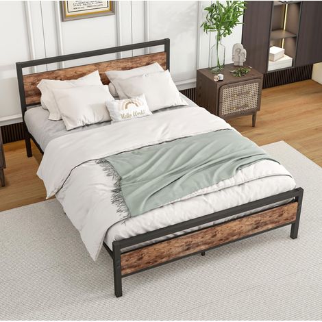 Letto 140x200 cm in metallo e MDF marrone antico con rete a doghe, salvaspazio – MEUBLIV (1/5)