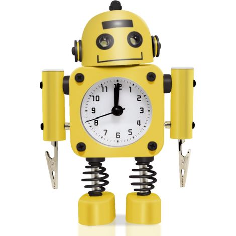 Reloj despertador de acero inoxidable con forma de robot: diseño silencioso, con luces intermitentes y manecillas de clip (amarillas). (1/4)