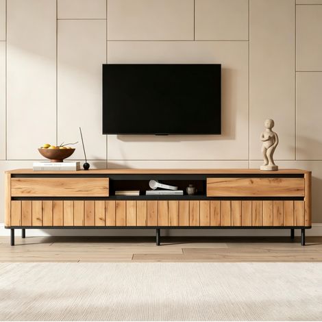 TV Lowboard 180x40x52 cm aus MDF, natur-schwarz, mit 2 Schubladen, für Wohnzimmer – MEUBLIV (1/5)