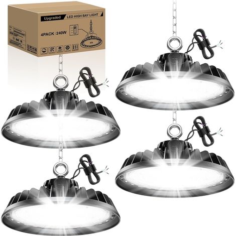 4 Pack UFO 240W LED High Bay Projector Garage Light 40800LM Lighting for Workshop 6000K 120° Lighting IP65 Industrial Lamp Dimmable 140W/190W/240W Factories Building Warehouses Garages (1/5)