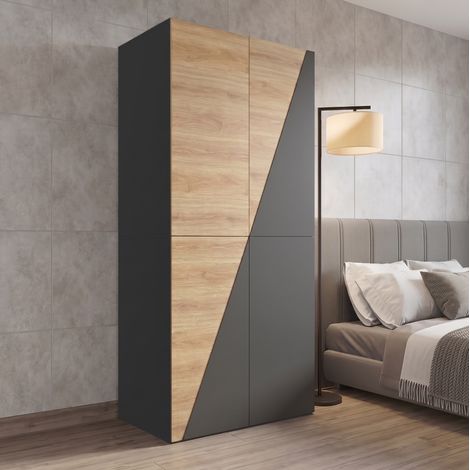Armoire 2 portes 90x50x200 cm MDF gris effet bois avec tiroirs - CHICFURN (1/5)