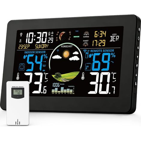 Station Météo Sans Fil - 1 Unité - Écran VA 7,5" - Thermomètre Hygromètre Baromètre - Intérieur Extérieur Jardin - Noir (1/5)
