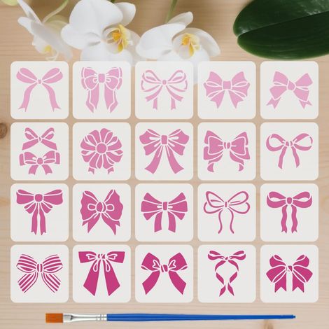 20Pcs Pochoir Peinture Noeud Papillon 10x10cm Pochoirs 20 Style Gabarit Ruban Noeuds Réutilisable Pochoir Plastique Avec Pinceau pour DIY Artisanat Décor Mur Scrapbooking (1/5)