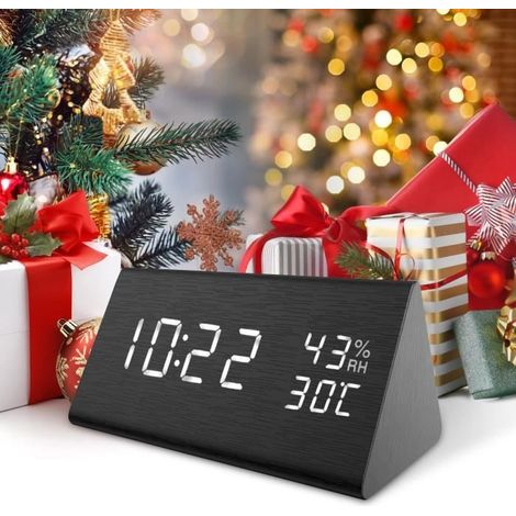 Réveil Numérique LED, Sound Control LED Alarm Clock Bois Digital Température et humidité d'affichage pour la maison (1/4)