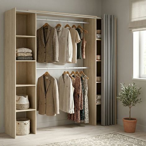 Grande Garde-robe Caloy, Armoire Chambre 8 Étagères, Portemanteau, 50x205h cm Chêne Marron (1/4)