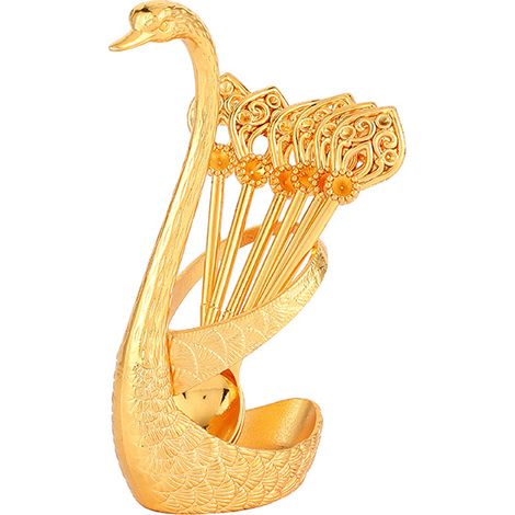 Juego de 6 cucharillas de cisne, cucharas de metal para café, postres, pasteles, ensaladas, cócteles y postres (dorado) (1/5)
