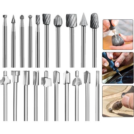 HSS Fraises à Défoncer, 20Pcs 3mm 1/8" fraises acier rapide fraises à Bois Kit d'Accessoires Fraises à Défoncer pour Outil Multifonction Rotatif Pour Dremel Foredom Proxxon Rotatif Outil (1/5)