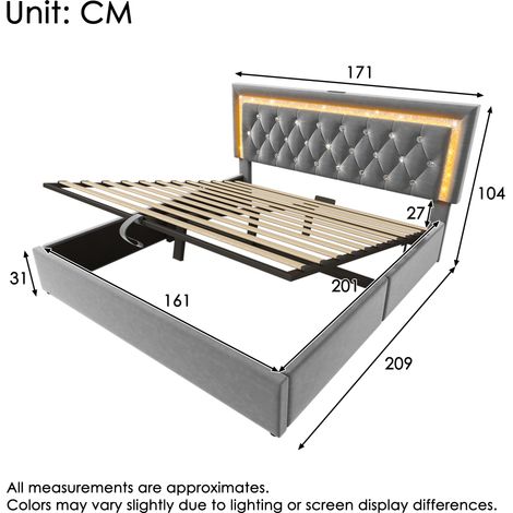 Lit double velours gris 160×200cm,LED diamantées,USB/Type-C,base hydraulique,rangement et cadre lattes,lit jeunesse fonctionnel sans matelas (1/5)