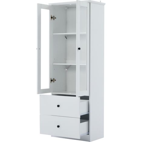Vetrina LED bianca opaca 165 cm con porte in vetro, 2 cassetti e ripiani regolabili (1/5)