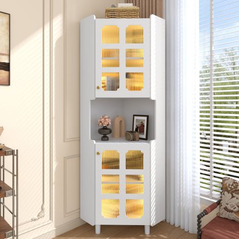 Armoire d'angle blanche avec couche de laque et éclairage LED - Commode d'angle multifonctionnelle pour salon, bibliothèque, salle de bain, chambre à coucher, salle à manger, panneau MDF avec surface (1/5)