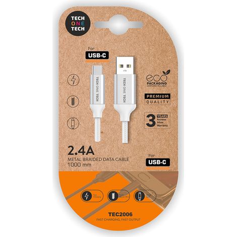 Câble USB-A vers USB-C en nylon blanc 1 m 2A Tech One Tech (1/2)