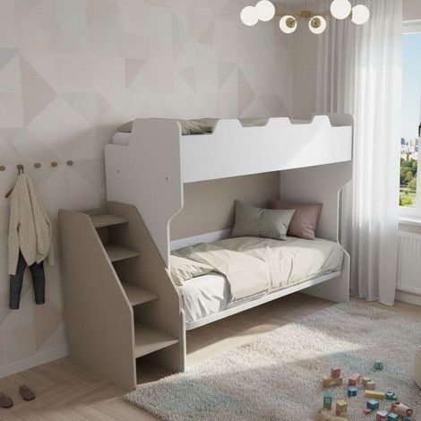 Letto a castello salvaspazio con terzo letto estraibile e scala laterale - Ideale per camerette - bianco e tessuto