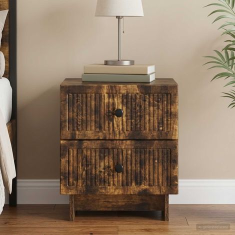 Table de chevet avec 2 tiroirs en bois d’ingénierie, chêne fumé, 43 x 34,5 x 47,5 cm - PANGIVO (1/5)