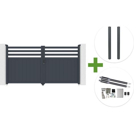 Portail battant 3m NEVIS H.160cm aluminium gris + 2 poteaux ELDA aluminium gris 15x15cm + motorisation Ranger B150 (1/5)