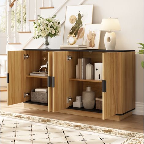 Aparador de 4 puertas efecto madera, molduras verticales, 139 x 40 x 75 cm HAVRYA (1/5)