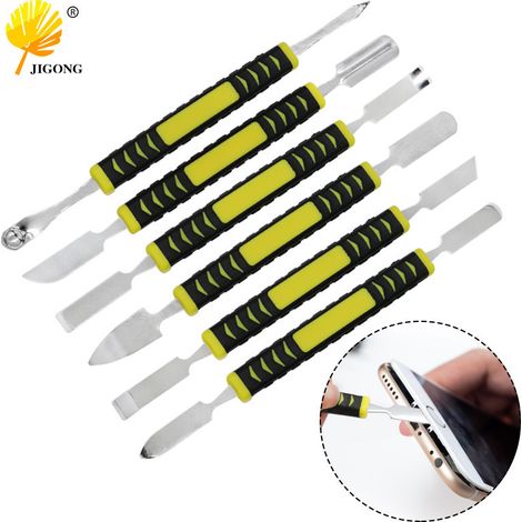 Ensemble de 6 leviers métalliques pour le démontage de téléphones portables et d'ordinateurs, comprenant un levier à double tête et des outils de démontage et de réparation.