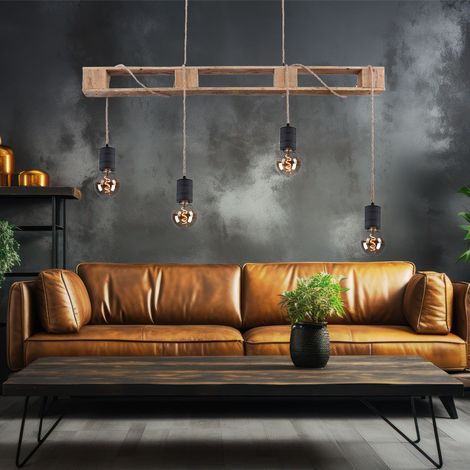 Hängeleuchte aus Holz Metall Decken Pendelleuchte 4 flammig Hanfseil Hängelampe verstellbar, 4x E27, 121x10x120cm, Wohnzimmer Esszimmer (1/5)