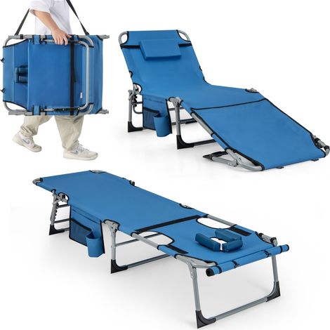 Sedia a sdraio pieghevole da esterno con 5 posizioni regolabili foro per viso, Lettino prendisole portatile Blu (1/4)