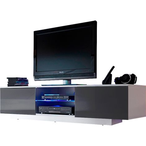 Dusine – Meuble TV suspendu ou à poser 160 cm – Mélaminé blanc mat et gris laqué – Lumières LED RGB USB incluses – Rangement pratique (1/4)