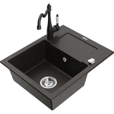 Mexen Enzo 1 Becken-Granitspüle mit Abtropffläche und Mischbatterie Carla, Schwarz/Gold metallisch -