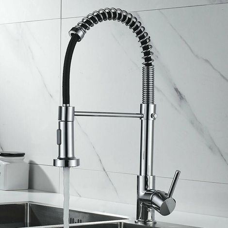 Robinet de cuisine en acier inoxydable, col de cygne haute arche, mitigeur avec douchette télescopique, finition électrolytique, pour évier, 1 pièce (1/5)