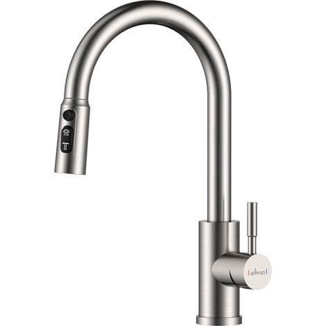 JANLEMNY Kitchen Sink Taps Mixer with Pull Out Spray, Kitchen Mixer Tap with 3 Spary Modes, Swivel Single Handle Kitchen Tap Brushed Stainless Steel-Double Broom 210BN (1/5)