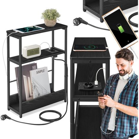 Tavolino stretto nero con multipresa. Comodino con portagiornali. (1/5)