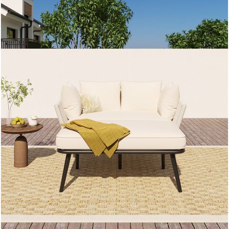 Meuble de jardin lounge convertible en bain de soleil avec coussins lavables beige DESVIAE (1/5)