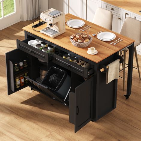Isla de cocina con ruedas (120x40-75x92 cm), encimera extensible, estación de carga, MDF negro