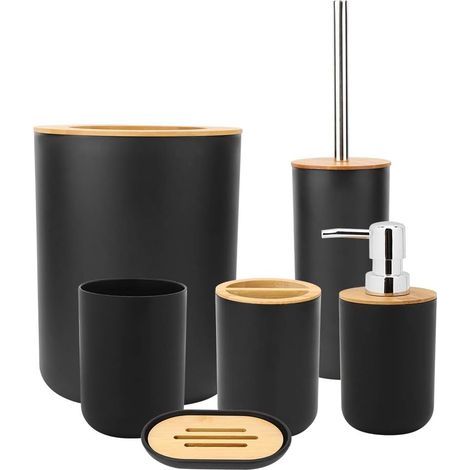 6-Piece Black Bathroom Accessory Set – Trash Can, Toilet Brush, Soap Dispenser, Toothbrush Holder, Tumbler, Soap Dish. Suitable for family hotels. (1/5)