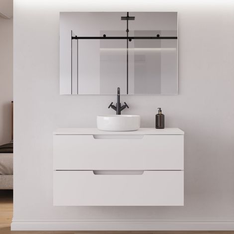 Meuble de salle de bain 90cm avec plateau et vasque à poser ronde - 2 tiroirs - blanc mat - SONRIZA (1/5)