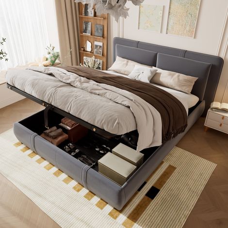 Upholstered bed, Hydraulic bed with storage function, 4ft6 double bed 135×190cm, Durable and Sturdy, Removable soft headboard backrest, Velvet + Plywood, Grey