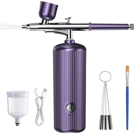 Kit aérographe, aérographe portatif rechargeable, aérographe professionnel sans fil pour nail art, maquillage, coiffure, gâteaux, peinture (Violet) (1/5)