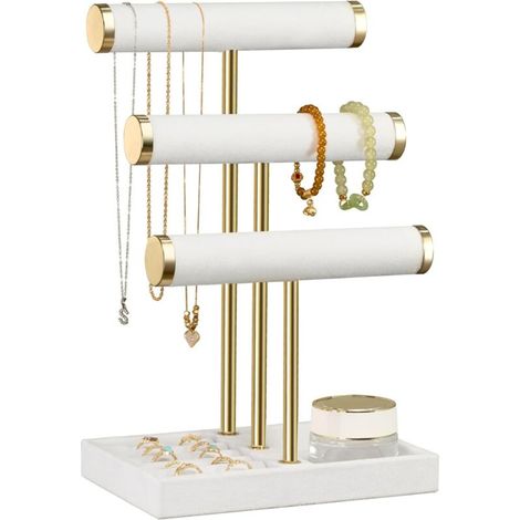 Organisateur de Bijoux à 3 Niveaux - Présentoir à Bijoux Blanc pour Bracelets, Support à Bijoux Amovible en T, Support à Bracelets en Velours, Support à Bijoux, Colliers, Montres, Bagues (1/5)