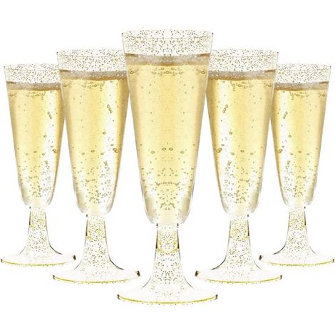50 copas de champán doradas brillantes, vasos de plástico de 150 ml, vasos de vino reutilizables con tallo para fiestas de cumpleaños, bodas y jardín (5,5 x 16,5 cm) (1/5)