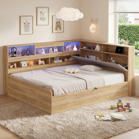 Lit banquette 140 x 200 cm en bois naturel avec rangement hydraulique, usb et led, sans matelas (1/5)