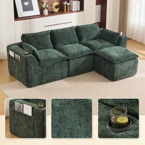 Modulares 3-Sitzer-Sofa + Fußhocker, inklusive Kissen, Getränkehalter und 2 Seitentaschen. Mit einer Füllung aus Schaumstoff und Federkern. Ideal für Wohnzimmer (dunkelgrüner Chenille-Stoff)