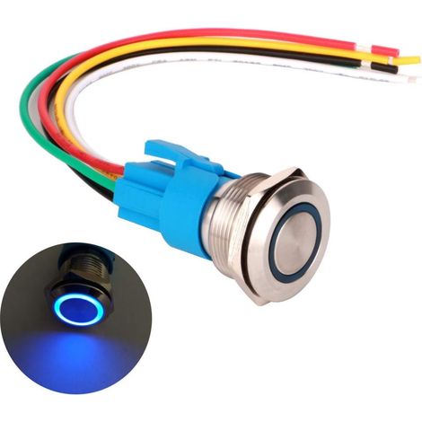 22mm Bouton Poussoir Momentané en Acier Inoxydable, Anneau de lumière LED, 230V AC 5A 1NO1NC SPDT on Off Bouton Étanche avec Fiche à Douille (LED Bleue) (1/5)