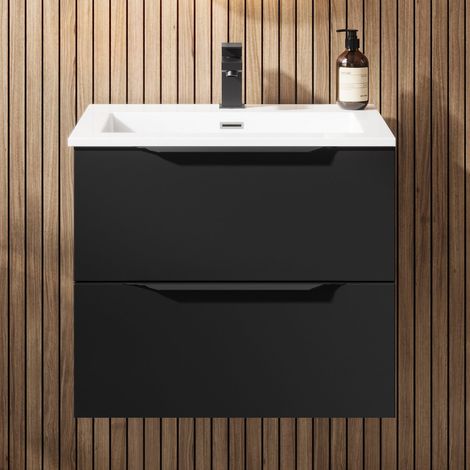 600mm Bathroom Vanity Unit Basin Wall Hung Furniture 2 Soft Close Drawers Black (1/5)
