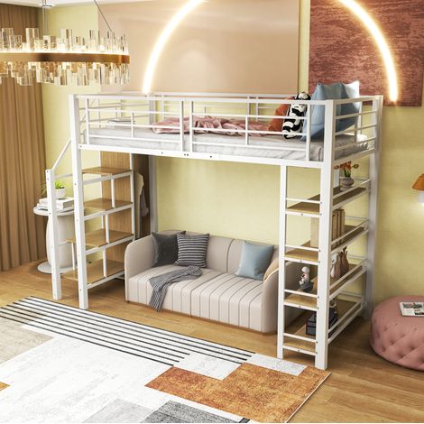 DESVIAE Lit mezzanine 90 x 200 avec escalier de rangement placard étagères et garde corps haut métal blanc (1/5)